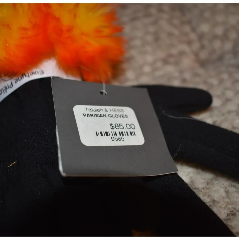 Evelyne Prelonge France Parisian Black Orange Pom Pom Gloves NWT